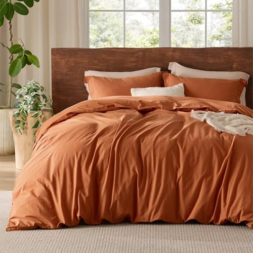 Bedsure 100% Washed Cotton Duvet Cover Queen Size - Burnt Orange Minimalist Cotton Duvet Cover Linen Like for All Seasons - GentleSoft™ Plain Simple Bedding (Burnt Orange, Queen, 90x90)