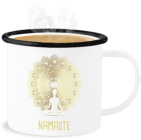 Emaille Becher Blechbecher - Tassen - Namaste Yoga Chakra Mandala - 300 ml - Weiß Schwarz - joga fans tasse meditation geschenke für alles