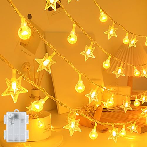 Dalugo Lichterkette Batterie,6M 40LED Sterne Kugel Lichterkette mit 6h Timer,IP65 Wasserdicht Warmweiß Lichterketten Batterie für Kinderzimmer Schlafzimmer Hochzeit Garten Innen Außen Weihnachten Deko