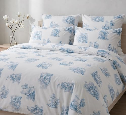 LERUUM Housse de Couette 220x240 Coton Percale Parure de Lit 2 Personnes | 2 Taies 65x65 Coton Percale 200 Fils Doux et Respirant Motif Toile de Jouy Bleu et Blanc, Idéal pour Toutes les Saisons