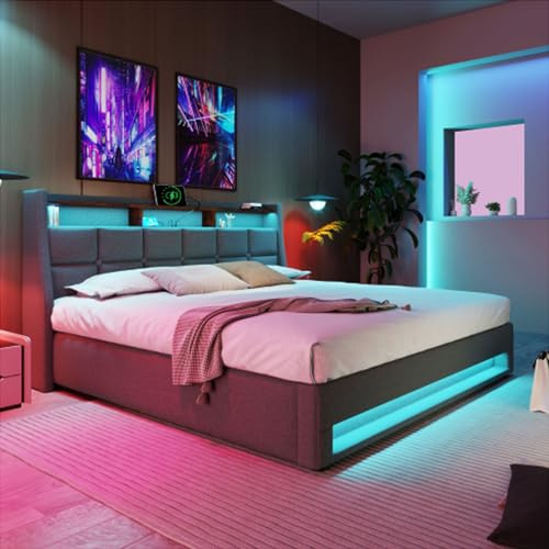 Tcewhhy Polsterbett Mit USB LED Doppelbett King Size Mit Lattenrost Aus Metallrahmen Stauraumbetten Jugendbett Für Erwachsene Jugendliche Gästebett Bettgestell Aus Leinenmaterial Grau 180x200 cm