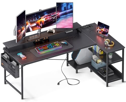 ODK Scrivania Gaming a L, 168x80cm Scrivania ad Angolo con Ripiani Portaoggetti, Scrivania Angolare Reversibile con Prese di Corrente e USB, Tavolo a L per Casa Ufficio, Nero
