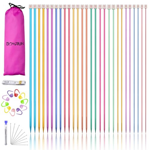 BCMRUN Edelstahl-Stricknadel-Set, farbig, gerade, einspitzig, Metall-Stricknadeln, 14 Größen von 2,0 mm - 10,0 mm, Länge 25 cm, 28 Stück/14 Paar