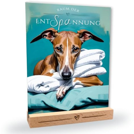 siviwonder Hundeschild Whippet Entspannung Dog Schild Deko Badezimmer Holzständer Windhund Geschenkidee lustiger Spruch Hundemotiv Aluminium Wetterfestes Dekoschild