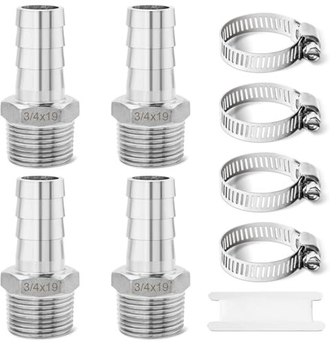 Josaton Barb Hose Fitting Stainless Steel 3/4” Male x 3/4” Barb (19mm), Hose Connector with Hose Clamp 4 Set Hose Pipe Fitting for Air Water Fuel