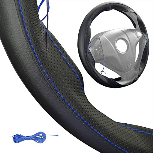 Generisch Lenkradbezug Pu Leder, Auto Lenkradhülle zum schnüren Nähen mit Nadel und Faden Spezial Sport Design M3 Schwarz Blaues Naht Universalgrösse 37-39 cm
