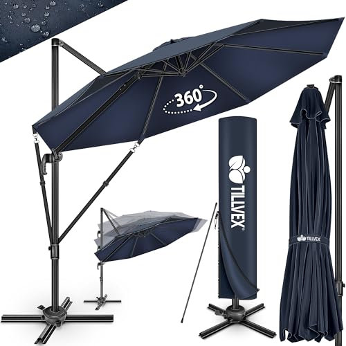 tillvex® Sombrilla Premium 330cm con manivela, cubierta y protección contra el viento, 6 posiciones ajustable con manivela, Parasol de jardín giratoria 360° & inclinable