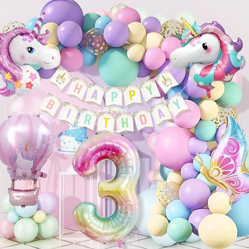 WINFLUENCE Einhorn Geburtstagsdeko Mädchen, 3 Jahre Einhorn Deko Kindergeburtstag, Einhorn Luftballons Geburtstag, Schmetterling Folienballon Kindergeburtstag 3. Geburtstag Mädchen Deko