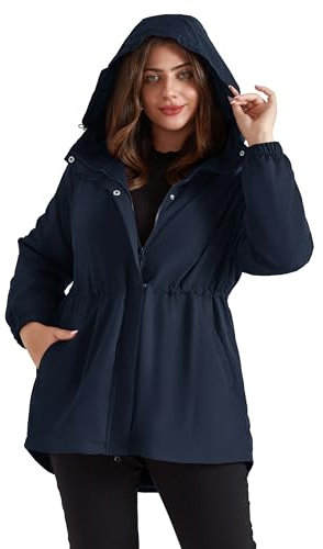 Hanna Nikole Damen Große Größe Leichte Wasserdicht Langlebig Warm Fleece Regenjacke Versteckt Kordelzug Elastische Taille Windbreaker Sport Komfortabel Outdoorjacke Dark Blue 56