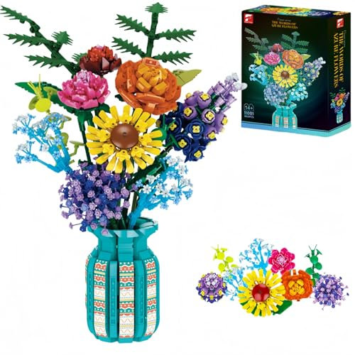 TANSAR 1853 Stück Blumen Bausteine Bausatz, Blumenstrauß mit Bausteinvase, Flower Bouquet für Erwachsene, Künstliche Blumen für Heimdekoration, Geschenke zum Muttertag, Valentinstag, Weihnachten