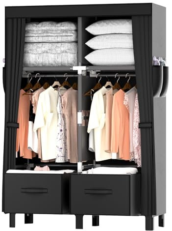 LOEFME Canvas Wardrobe 85 * 45 * 172cm, Wardrobes for Bedroom, New Base Design Fabric Wardrobe with 2 Storage Boxes and 4 Side Bags, Suitable for Bedroom, Cloakroom, Dormitory (BlacK)