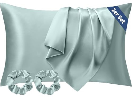 Seiwohl Satin Kissenbezug 40 x 80 2er Set, Weich wie Seidenkissenbezug Silk Pillowcase, Vegane Seide Kopfkissenbezug Kissenhülle Seidenkopfkissen für Haar und Haut mit 2 Haargummis, Ether Grün