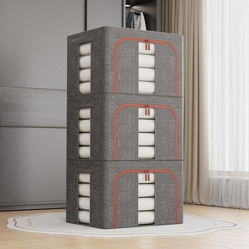 3Pcs Clothes Storage Bins,66L Grey Clothes Storage Boxes with Metal Frame,Foldable Fabric Bin Organizer for Clothes,Stackable Openings Cloth Storage Bin with Lid,Clear Windows,Zippers,Durable Handles