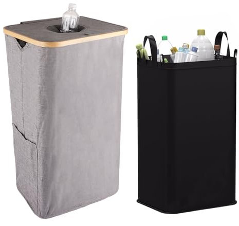 CYEER Recycling Bins for Kitchen, 100L Large Deposit Bottle Storage Bins with Lid and Carry Bag, Recycling Box Container Can Storage Empty Bottles, Glass Waste or Laundry, Grey