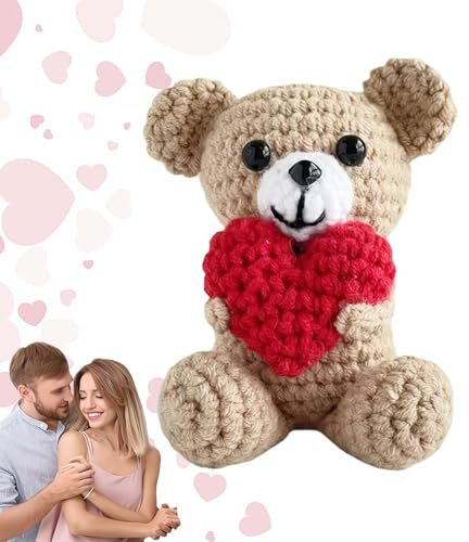 Positiver Bär, Pocket Hug Bär mit Liebe Herz Häkelbär Puppe Emotionale Unterstützung Tiere Strickbär Spielzeug Weihnachten Geburtstag Valentinstag Geschenke für Freundin Frau