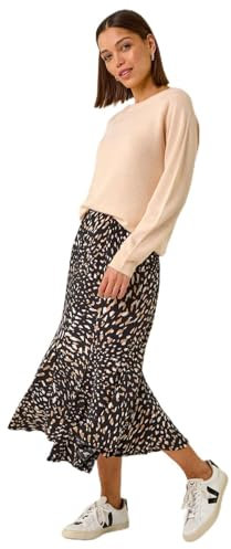 Roman Originals Jersey Skirt for Women UK - Ladies Midi Maxi Floral Animal Print Autumn Winter Swing Smart Casual Work Office Cocktail Party Going Out Evening Holiday Cruise - Tan - Size 16