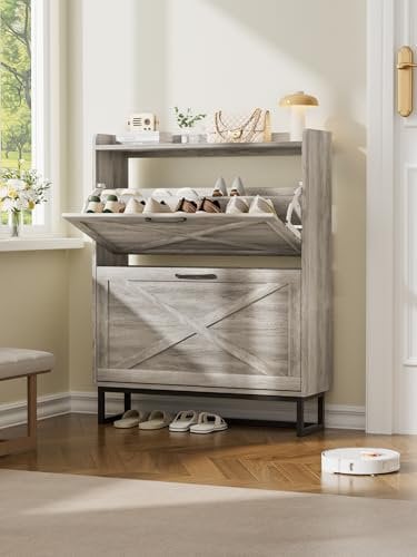 FiveWillowise Shoe Storage Cabinet 80cm Wide For Hallway, Wooden Shoe Rack Cabinet with 2 Drawer Fold in Vintage Style for Entryway Living Room(Grey)
