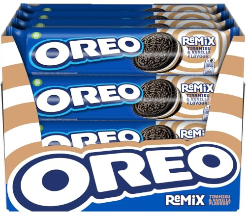 OREO Remix sabor vainilla y tiramisú galletas rellenas, Pack 16 x 157g | Una irresistible combinación de cacao, vainilla y tiramisú, ideal para meriendas y disfrutar entre horas