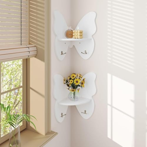 LUE BONA Ecke Wandregal Holz 2er Set,Schweberegal Schmetterlingsstil,Wandregal Kinderzimmer,Regalbrett,Hängeregal Holz,Wall Shelf für Wohnzimmer Schlafzimmer Badezimer,Weiß-Ecke