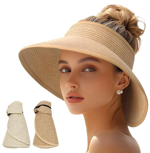 Rppiup 2pcs Womens Sun Hats, Foldable Wide Brim Ponytail Hole Straw Hat Women, Roll Up Packable Beach Hat Women, Adjustable Sun Hats for Womens UK with Bowknot Ffor Summer Travel Pool (Khaki + Beige)