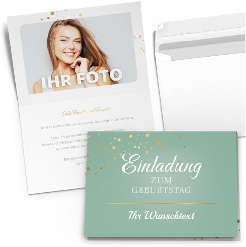 10 PERSONALISIERTE Einladungskarten zum Geburtstag – Klappkarten Set mit Umschlag – Individuelle Einladung Wunschtext und Foto Geburtstags-Feier edel modern blau türkis Konfetti Gold Look