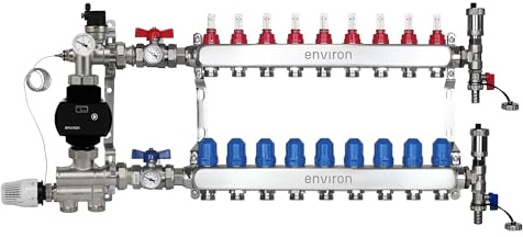 ENVIRON- Heizkreisverteiler [2-12 Heizkreise] mit Festwertregelset, Kugelhahn Set und Schnellentlüfter Set | Hocheffizienzpumpe (Wilo Para STG 25/8, 9 Heizkreise)