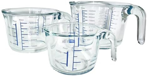 Lncfype 3-teiliges Messbecher-Set aus Glas (250ml/500ml/1000ml) – Präzise Skala in ml & Gramm – 5mm starkes Glas, spülmaschinenfest – Für Backen, Kochen & Shakes