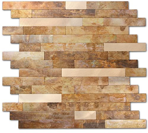 Yipscazo 10 feuilles de carrelage métallique en pierre à décoller et à coller, carreaux muraux en PVC, carreaux à coller pour dosseret de cuisine en Le Cuivre