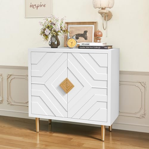 HOLTICO Wooden Sideboard with 2 Doors, 3D Embossed Pattern Accent Cabinet Modern Buffet Storage Cabinet, White Sideboards for Living Room, Dining Room, Hallway