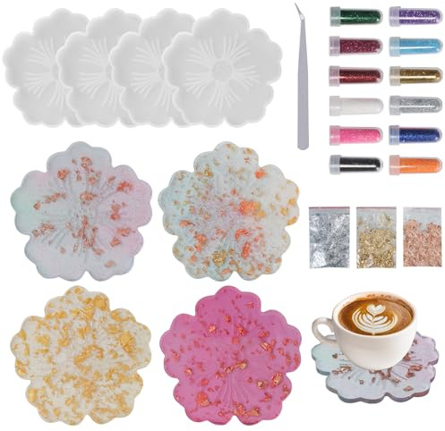 KJLEEN 20Pcs Resin Coaster Moulds Silicone Flower Coaster Mould for Epoxy Resin Casting, Epoxy Resins Moulds with Gold Foil Glitter Tweezers for Casting & Flowers Preservation Home Decors