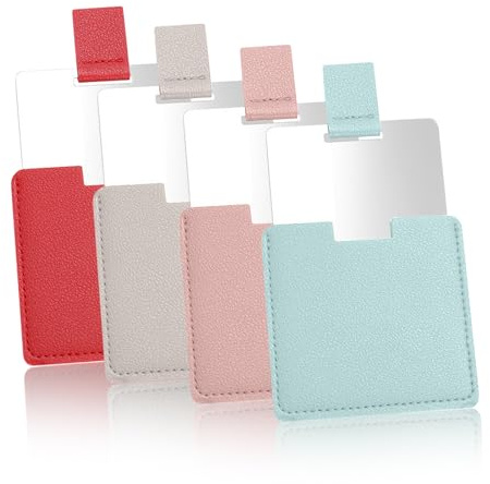KQDRAVINE Juego de 4 espejos de bolsillo de acero inoxidable con funda protectora, metal pulido, 6,5 x 7 cm