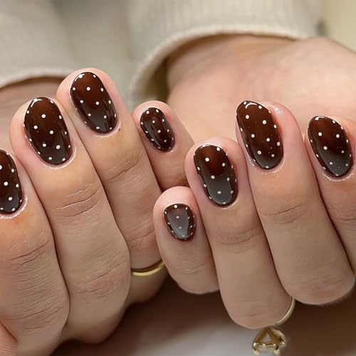 Auroriel 24 Pieces Brown Press On Nails Short Oval Polka Dots Design Full Cover Reusable Artificial Nails Glue Tabs Easy Application for Women Autumn Manicure
