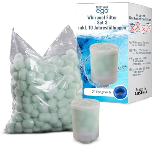 EGO3 Whirlpool Filter Set 3 2 Zoll Feingewinde + 10 Jahresfüllungen – ersetzt Kartuschenfilter & Whirlpool Filterkartuschen – 300gr Filterbälle – Filter Made in EU (1 Behälter + 300g Filterbälle)