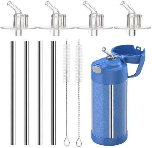 Metal Straws for Thermos Funtainer 12 oz Bottle, Reusable Replacement Parts | 4 Stainless Steel Straws, 2 Cleaning Brushes, 4 Water Bottle Lid Replacement Parts, Compatible with Thermos F401 & F410 Model