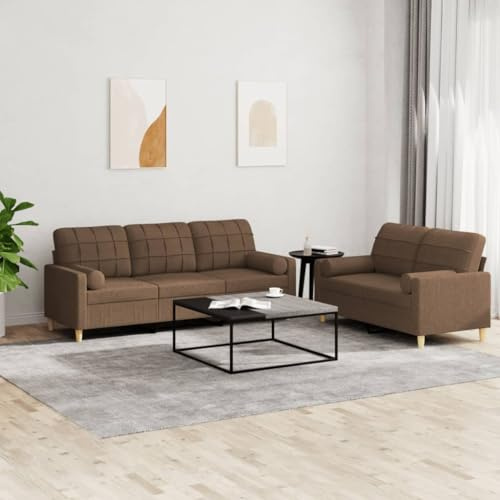 LoogCape 2-TLG. Sofagarnitur mit Kissen Braun Stoff, Robustes Metallgestell, Bequemes Sitzerlebnis für Wohnzimmer, Langlebiges Polstermöbel Set