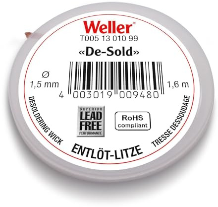 Weller T0051301099 Entlötlitze | 1,6 m Spule | Breite 1,5 mm | Flussmittelgetränktes Kupfergeflecht | Schnelles & Sauberes Entfernen von Lötzinn | Für Elektronik & Leiterplattenreparatur