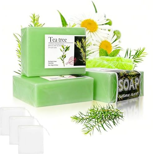 Tea Tree Soap Bar, 3PCS Natural Tea Tree Oil Soap, Face Body Hand Cleanser for Oily & Sweat-Prone Skin, Gentle Clean Feel, Quick Lather, Plant-Inspired Formula