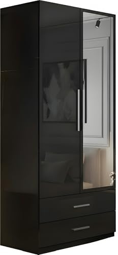 MN Furniture High Gloss 2 Door Hinged Wardrobe with Mirror, Drawers Shelves & Hanging Rail, Freestanding Bedroom Storage (Black, 80cm)