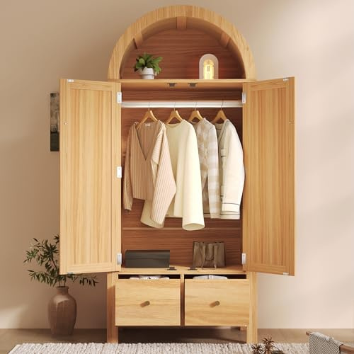 RIAZOS Kleiderschrank mit Stange, Doppeltüriger Design, mit 2 Schubladen, Offene Halbrunde Ablage, 2 Türen mit Rattan-Flechten und Magnetverschluss, Eicheoptik, 78x45x181 cm