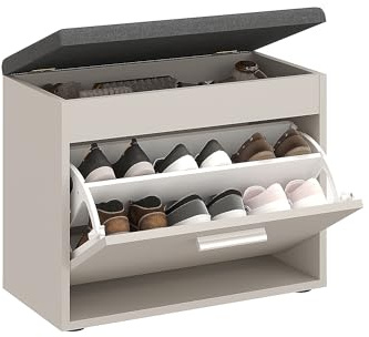 KOMTO Schuhbank mit Sitzfläche Cashmere – Schuhschrank mit Sitzbank, Schuhbank mit Klappe, Schuhregal mit Stauraum, Garderobenbank für Flur | Sofia K 60 x 32 x 45,6 cm