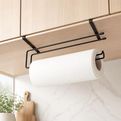 Kitchen Roll Holder Under Cabinet, 10-Inch Self-Adhesive, Black | Space-saving mount for cupboards, walls or counters, suitable for kitchens, pantries and bathrooms