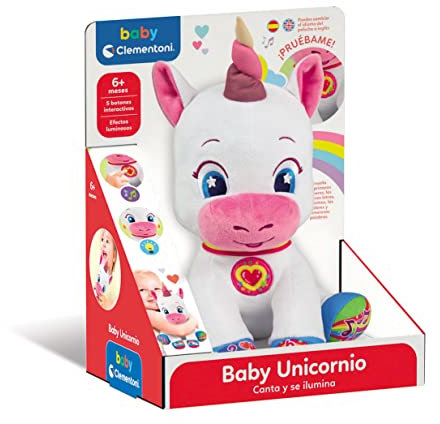 Clementoni - Muñeco Unicornio Interactivo para Bebés, Peluche con Luces y Sonidos para Aprender Letras y Números, Desarrolla la Percepción Sensorial y el Lenguaje, 55262