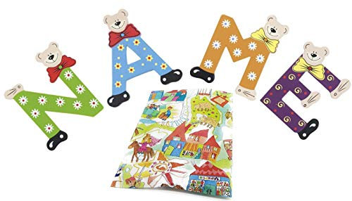 Playshoes Holzbuchstaben Bär im Set für Wunschname inkl Geschenkverpackung & Klebepunkte Türbuchstaben Holz Dekobuchstaben (4er Set)