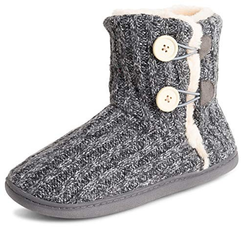 Polar Damen Gedächtnisschaum Strickknopf Kunstfell Draussen Gummisohle Plüsch Winter Komfort Hausschuhe - Grau - UK5/EU38 - YC0717
