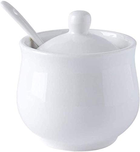 Qiuerte - Zuccheriera in ceramica con coperchio e cucchiaio, in porcellana bianca, 198,4 g