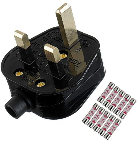 HUAREW 3A Fused Mains Plug With Cord Grip For UK Fuses Black (Pack of 1 pcs )