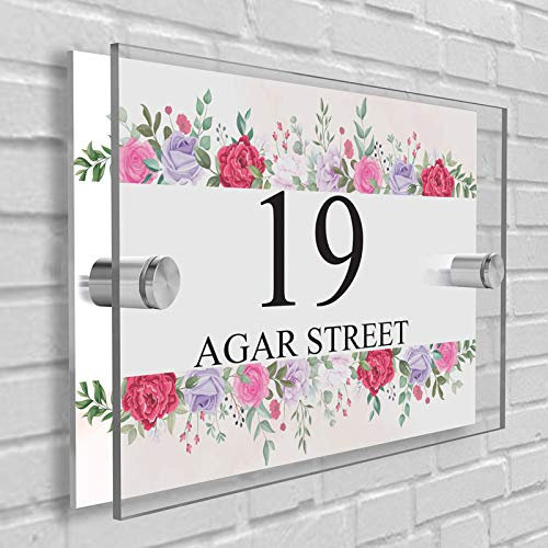 Personalised House Number Plaque in Rectangle shape Glass Effect Acrylic Sign Door Plate Wall Display in Premium Quality 2 Part Acrylic- Choose Your Own Design & Font (Flowers in Line)