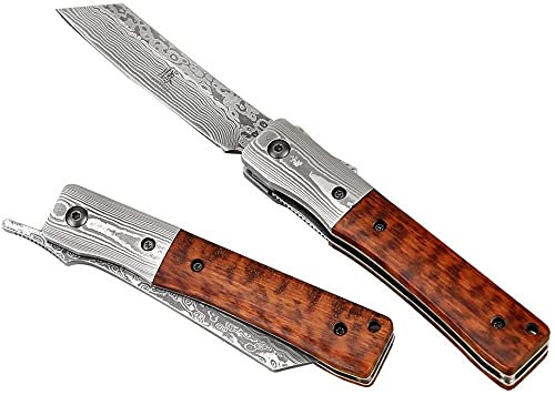 KATSU Klappmesser, Messer Outdoor aus Damaststahl Handgemachtes Japanisches Taschenmesser Rettungsmesser Natürlicher Schlangenholzgriff mit Damaskuspolster