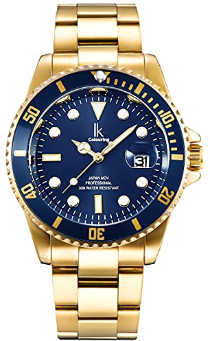 Alienwork Armbanduhr Herren Damen Gold Edelstahl Metallarmband Kalender Datum Marineblau Klassik Elegant