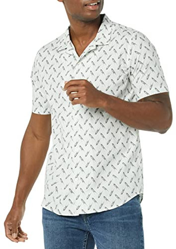Amazon Essentials Men's Vacation Cotton Resort Shirt, Slim-Fit Short Sleeve, Light Blue Bird Print, Medium